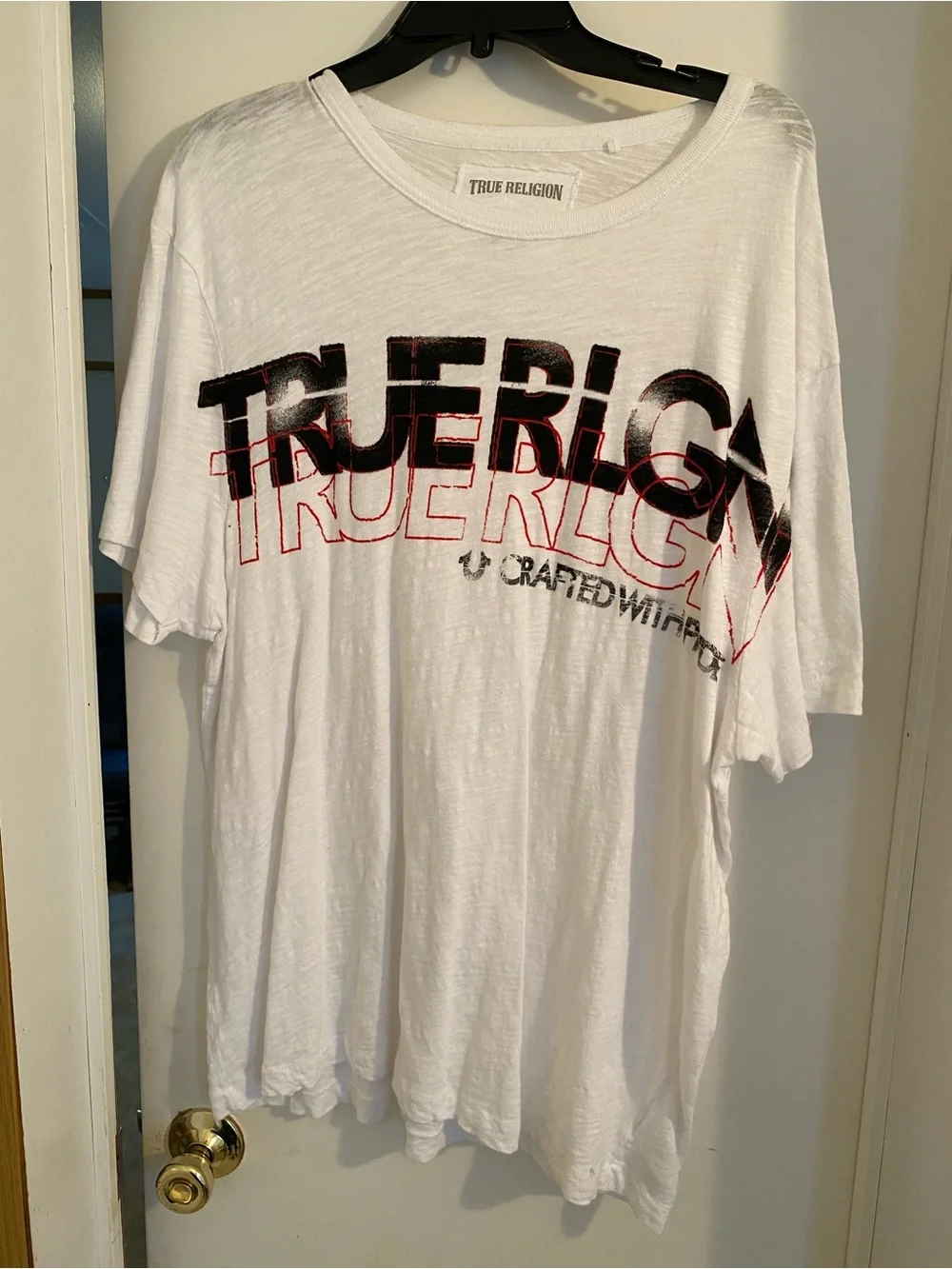 True Religion White Tee with Black and Red Layered Logo